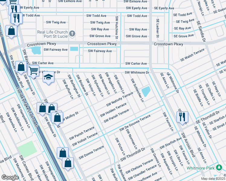 map of restaurants, bars, coffee shops, grocery stores, and more near 1694 Southwest Angelico Lane in Port St. Lucie