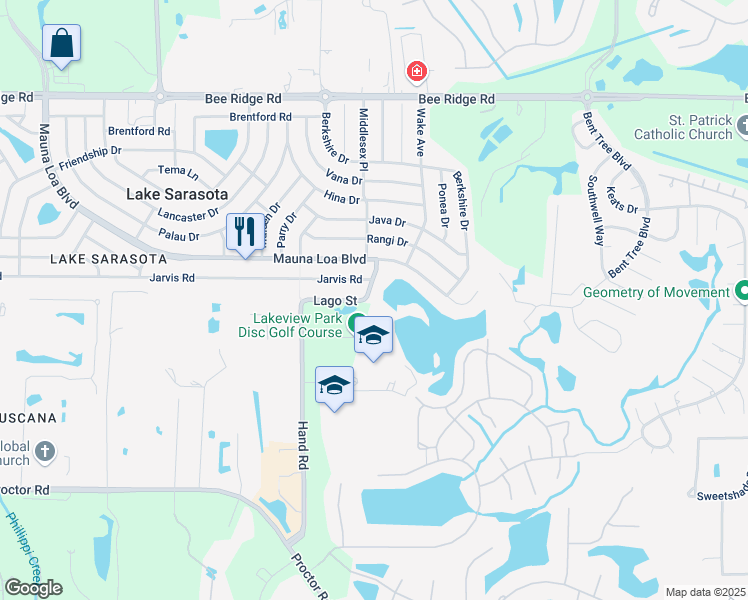 map of restaurants, bars, coffee shops, grocery stores, and more near 4285 Lago Way in Sarasota