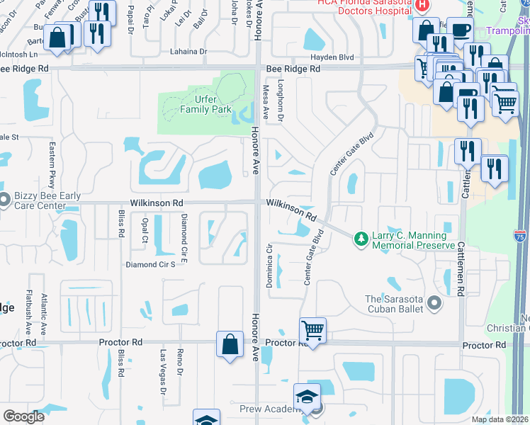 map of restaurants, bars, coffee shops, grocery stores, and more near 4424 Eleuthera Court in Sarasota