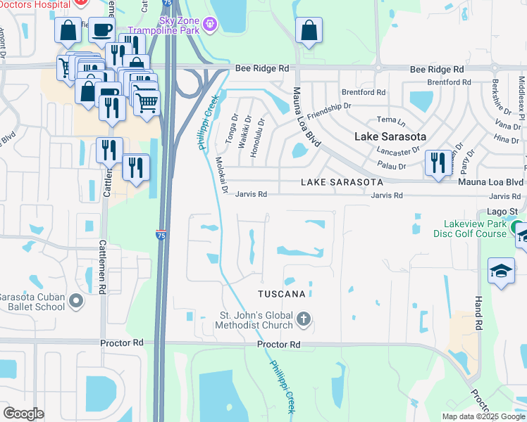 map of restaurants, bars, coffee shops, grocery stores, and more near 4482 Baccharis Way in Sarasota