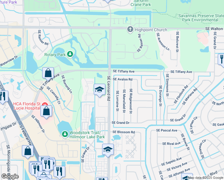 map of restaurants, bars, coffee shops, grocery stores, and more near 1647 Southeast Lennard Road in Port St. Lucie