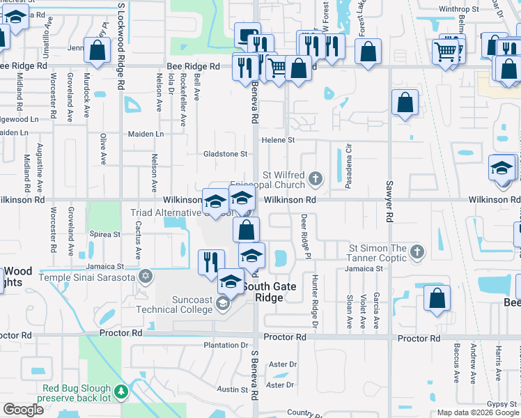 map of restaurants, bars, coffee shops, grocery stores, and more near 4434 Coco Ridge Circle in Sarasota