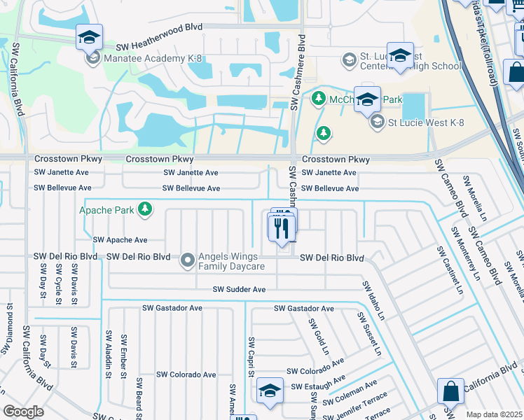 map of restaurants, bars, coffee shops, grocery stores, and more near 1199 Southwest Glade Street in Port St. Lucie
