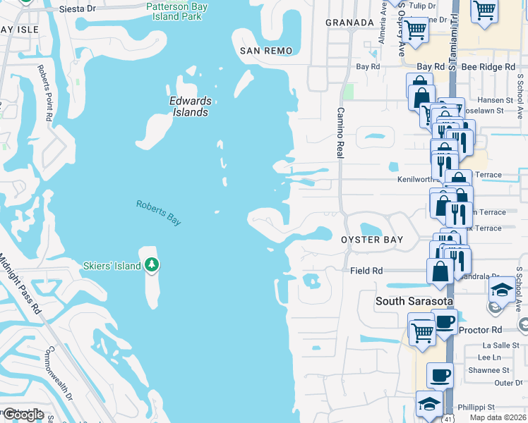 map of restaurants, bars, coffee shops, grocery stores, and more near 1125 North Lake Shore Drive in Sarasota