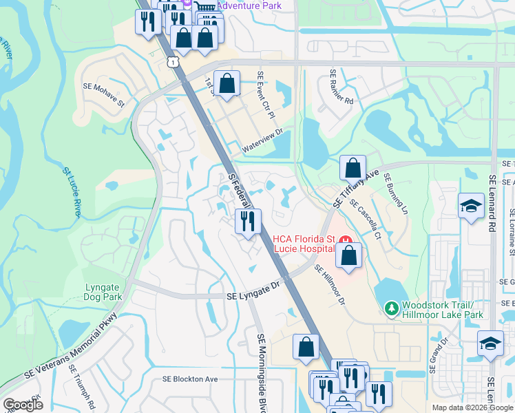 map of restaurants, bars, coffee shops, grocery stores, and more near 1528 Southeast Royal Green Circle in Port St. Lucie