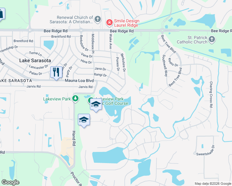 map of restaurants, bars, coffee shops, grocery stores, and more near 7278 Mauna Loa Boulevard in Sarasota