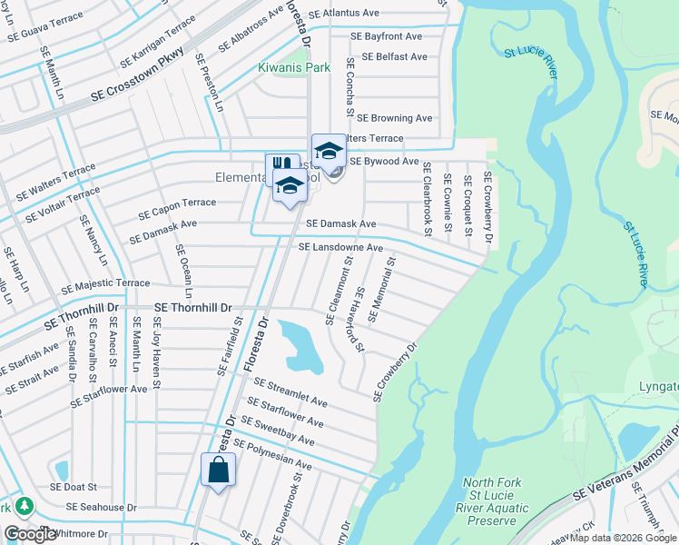 map of restaurants, bars, coffee shops, grocery stores, and more near 1634 Southeast Clearmont Street in Port St. Lucie