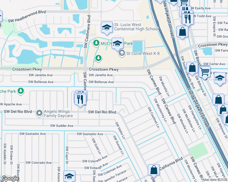 map of restaurants, bars, coffee shops, grocery stores, and more near 1701 Southwest Choate Street in Port St. Lucie