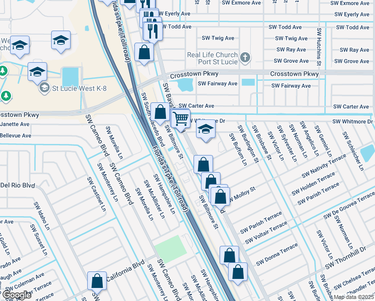 map of restaurants, bars, coffee shops, grocery stores, and more near 1652 Southwest Bayshore Boulevard in Port St. Lucie