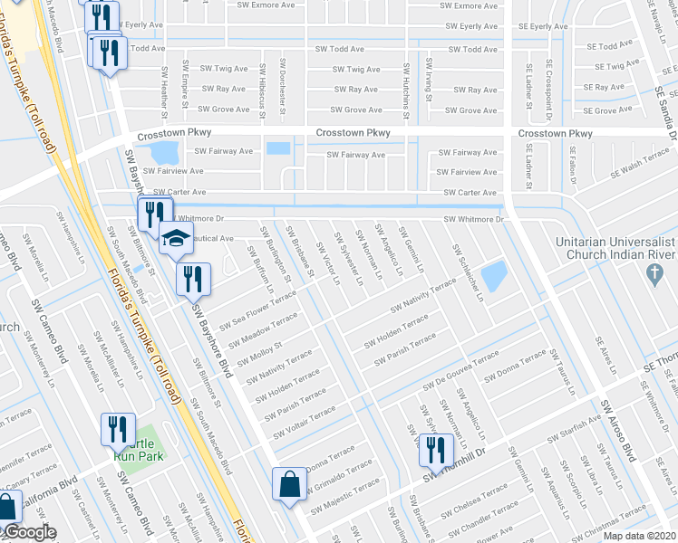map of restaurants, bars, coffee shops, grocery stores, and more near 1701 Southwest Victor Lane in Port Saint Lucie
