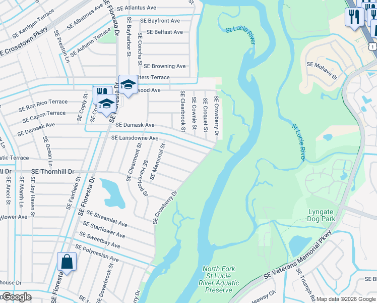 map of restaurants, bars, coffee shops, grocery stores, and more near 1050 Southeast Lansdowne Avenue in Port St. Lucie