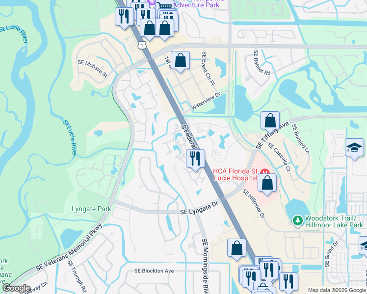 map of restaurants, bars, coffee shops, grocery stores, and more near 1627 Southeast Green Acres Circle in Port St. Lucie