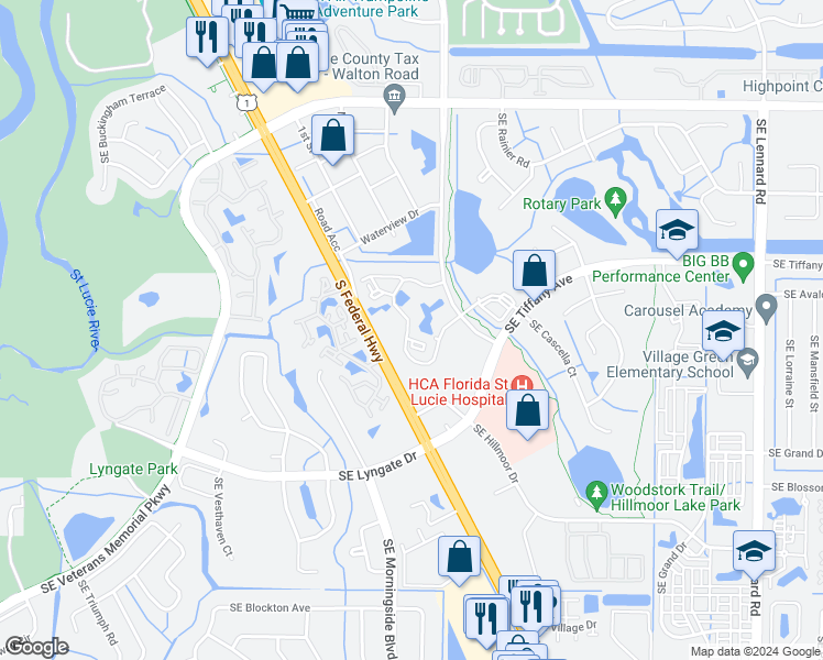 map of restaurants, bars, coffee shops, grocery stores, and more near 1533 Southeast Royal Green Circle in Port St. Lucie