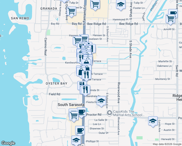 map of restaurants, bars, coffee shops, grocery stores, and more near 2031 Palm Terrace in Sarasota