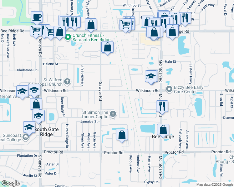 map of restaurants, bars, coffee shops, grocery stores, and more near 4404 Meadow Creek Circle in Sarasota