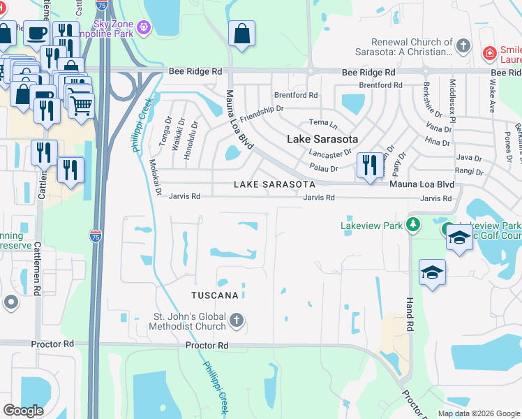 map of restaurants, bars, coffee shops, grocery stores, and more near 4551 Tuscana Drive in Sarasota