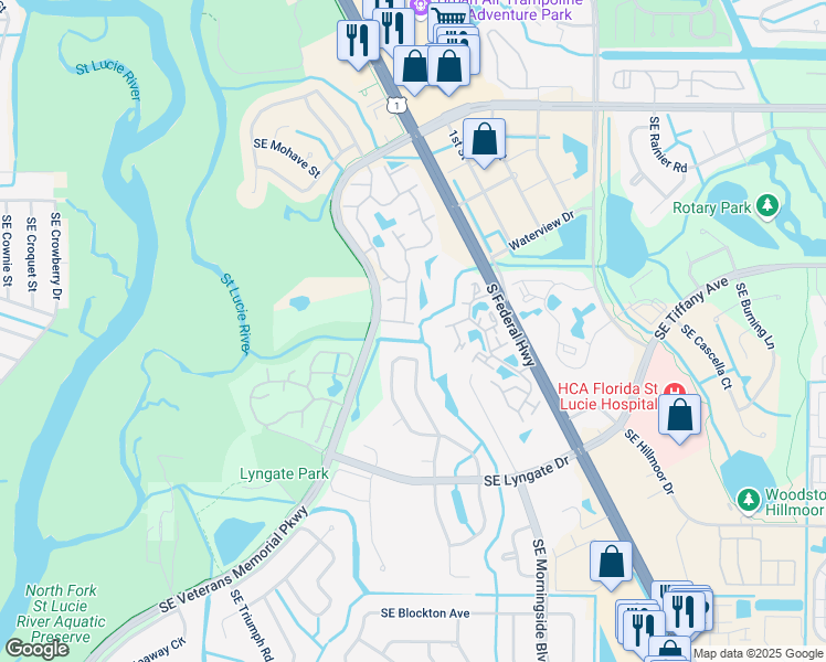map of restaurants, bars, coffee shops, grocery stores, and more near 1590 Southeast Dewberry Court in Port St. Lucie
