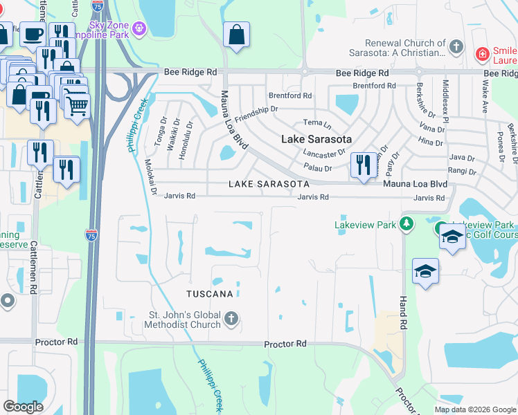 map of restaurants, bars, coffee shops, grocery stores, and more near 4551 Tuscana Drive in Sarasota