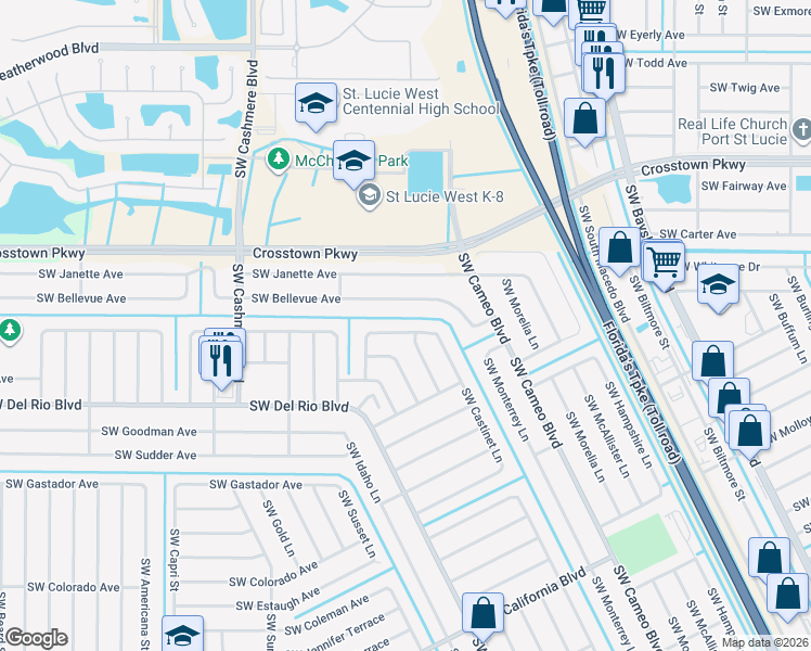 map of restaurants, bars, coffee shops, grocery stores, and more near 1711 Southwest Gloria Lane in Port St. Lucie