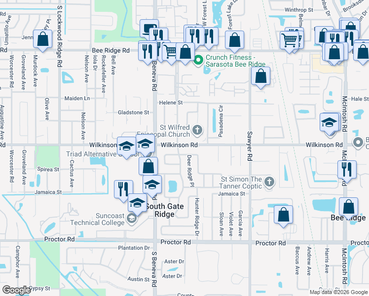 map of restaurants, bars, coffee shops, grocery stores, and more near 4409 Maceachen Boulevard in Sarasota