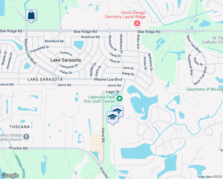 map of restaurants, bars, coffee shops, grocery stores, and more near 7131 Lago Street in Sarasota