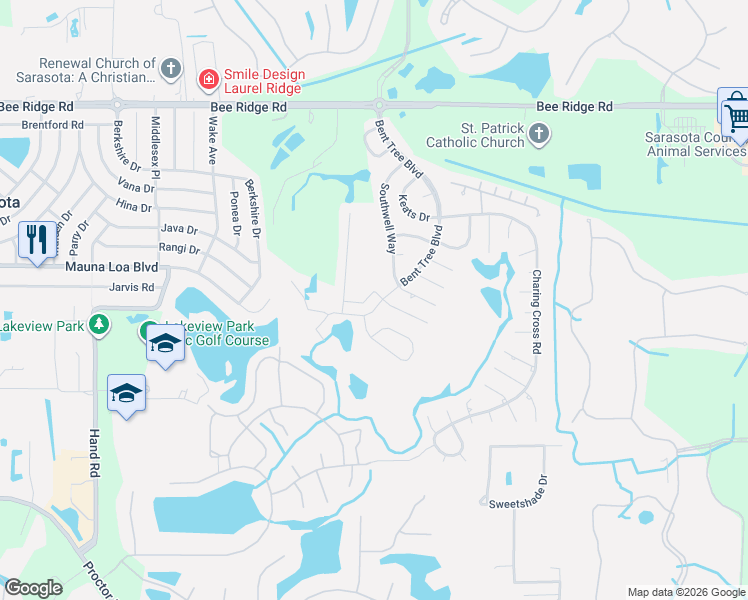 map of restaurants, bars, coffee shops, grocery stores, and more near 4300 Bent Tree Boulevard in Sarasota
