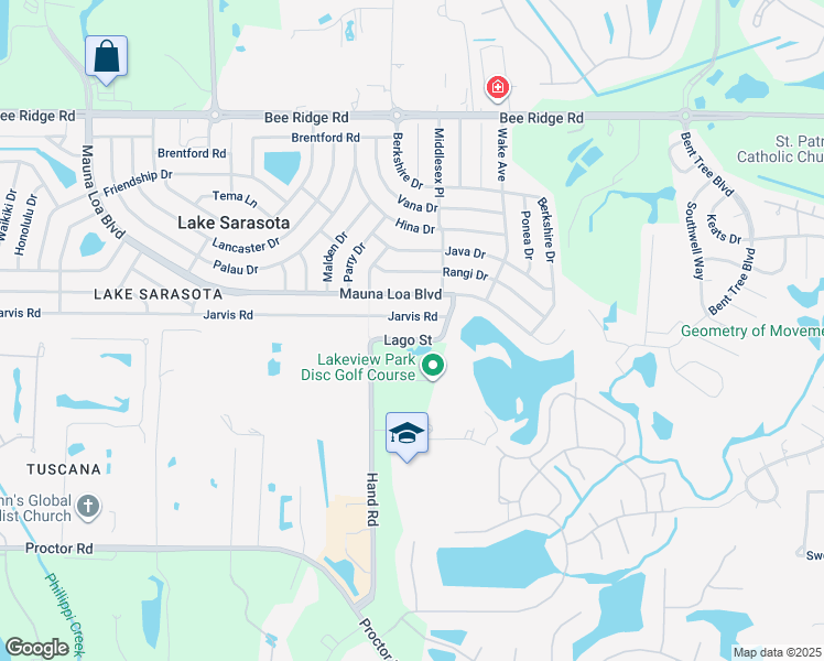 map of restaurants, bars, coffee shops, grocery stores, and more near 7131 Lago Street in Sarasota