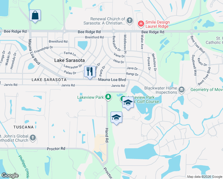 map of restaurants, bars, coffee shops, grocery stores, and more near 7131 Lago St in Sarasota