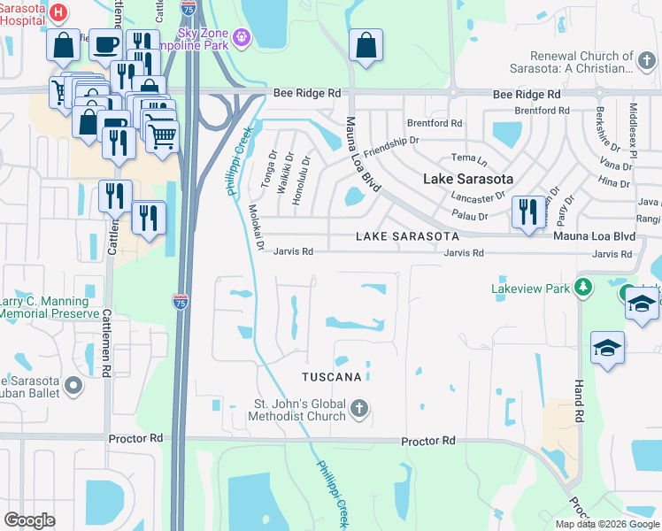 map of restaurants, bars, coffee shops, grocery stores, and more near 4511 Tuscana Drive in Sarasota
