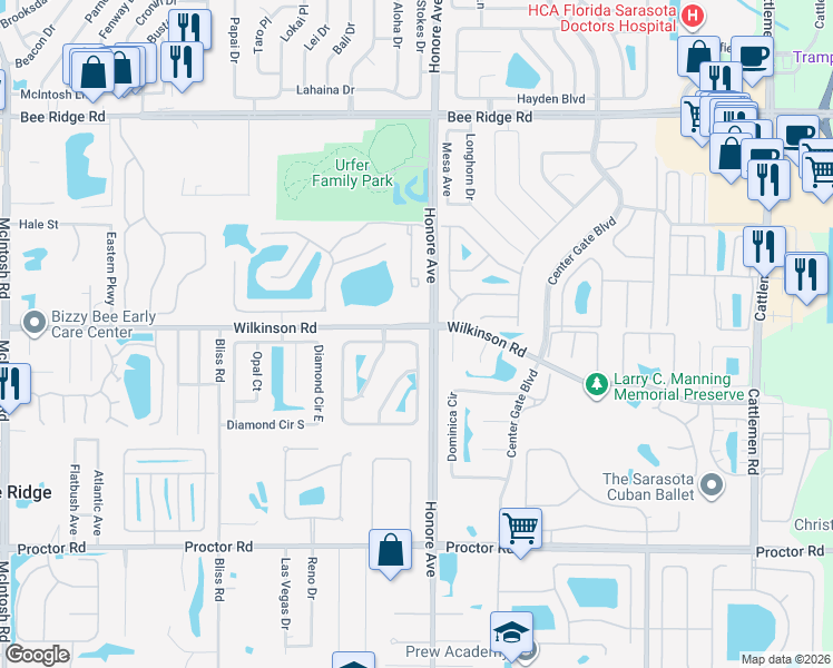 map of restaurants, bars, coffee shops, grocery stores, and more near 5300 Sunnydale Circle East in Sarasota