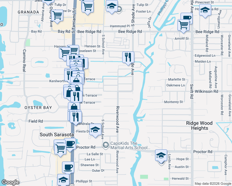 map of restaurants, bars, coffee shops, grocery stores, and more near 2319 Oak Terrace in Sarasota