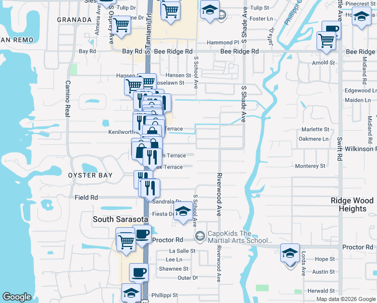 map of restaurants, bars, coffee shops, grocery stores, and more near 2142 Palm Terrace in Sarasota