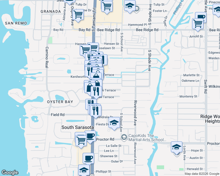 map of restaurants, bars, coffee shops, grocery stores, and more near 2048A Palm Terrace in Sarasota