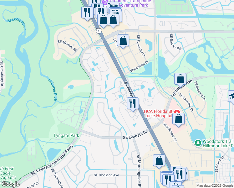 map of restaurants, bars, coffee shops, grocery stores, and more near 1676 Southeast Green Acres Circle in Port St. Lucie