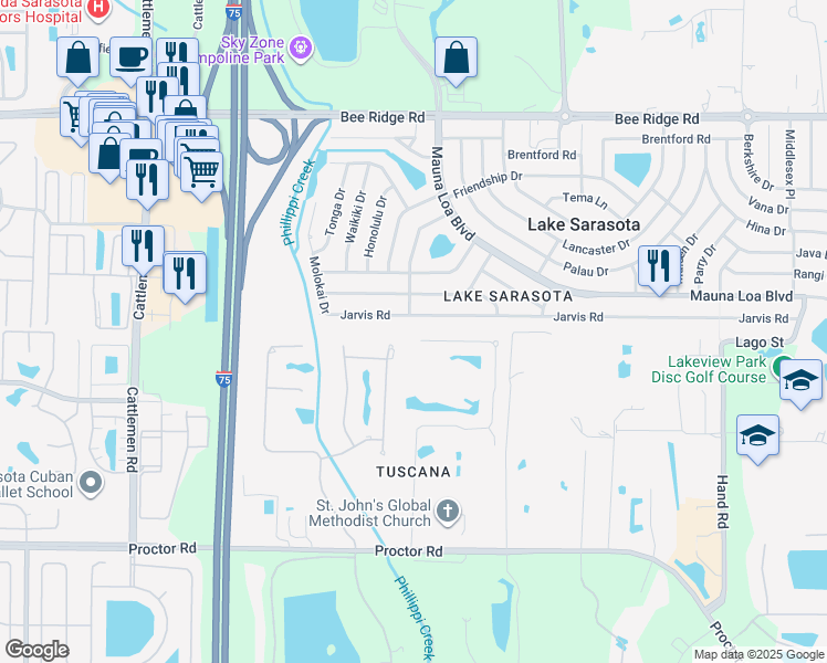 map of restaurants, bars, coffee shops, grocery stores, and more near 4511 Tuscana Drive in Sarasota