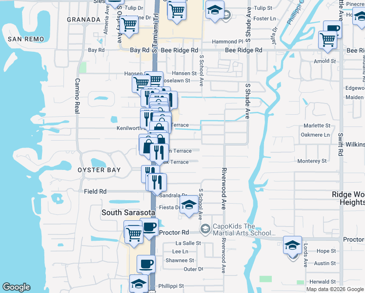 map of restaurants, bars, coffee shops, grocery stores, and more near 2111 Palm Terrace in Sarasota