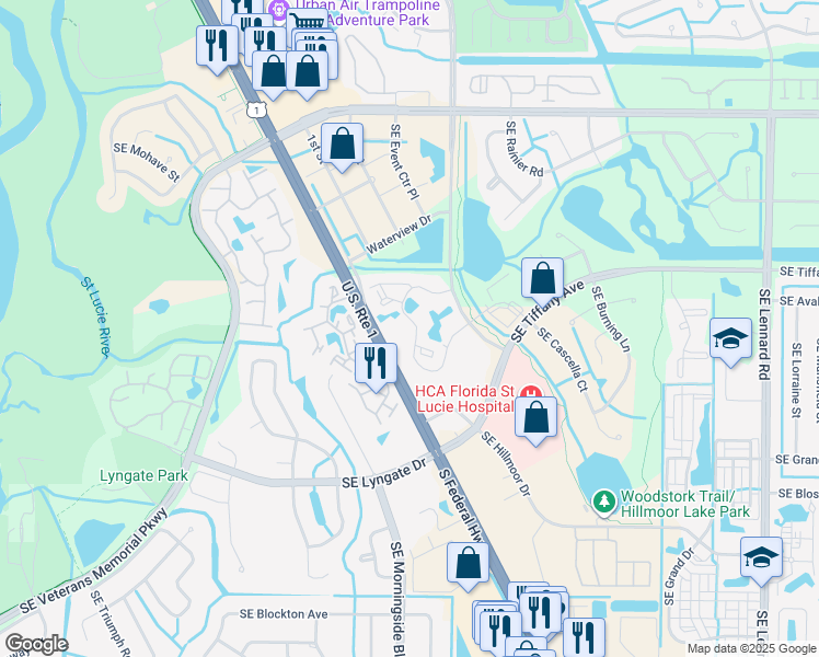 map of restaurants, bars, coffee shops, grocery stores, and more near 1533 Southeast Royal Green Circle in Port St. Lucie