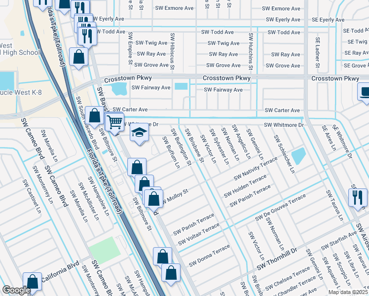 map of restaurants, bars, coffee shops, grocery stores, and more near 1665 Southwest Burlington Street in Port St. Lucie