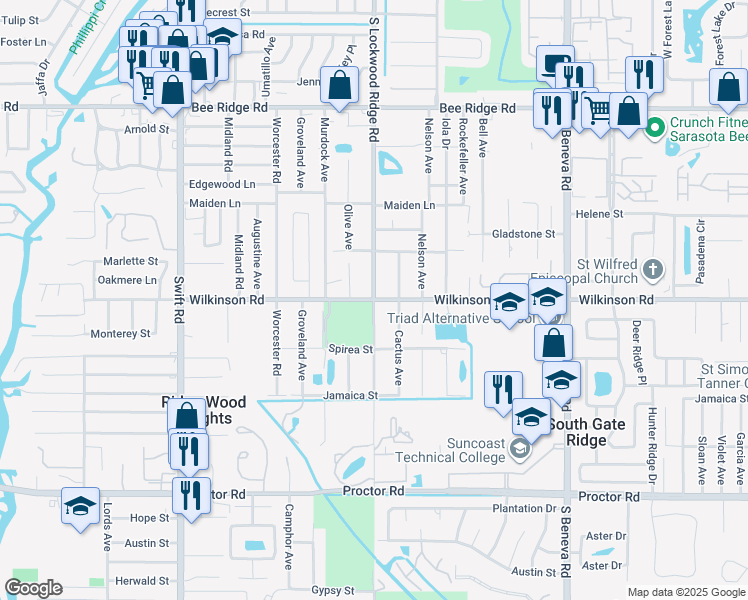 map of restaurants, bars, coffee shops, grocery stores, and more near Wilkinson Rd & S Lockwood Ridge Rd in Sarasota