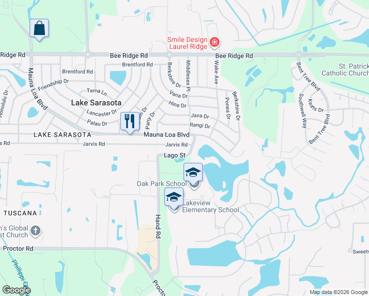 map of restaurants, bars, coffee shops, grocery stores, and more near 4285 Lago Way in Sarasota