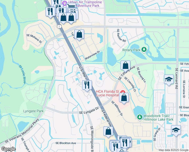 map of restaurants, bars, coffee shops, grocery stores, and more near 1556 Southeast Royal Green Circle in Port St. Lucie