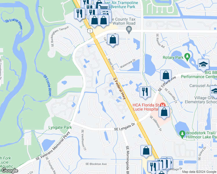 map of restaurants, bars, coffee shops, grocery stores, and more near 1676 Southeast Green Acres Circle in Port St. Lucie