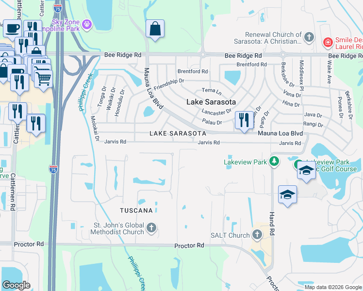 map of restaurants, bars, coffee shops, grocery stores, and more near 4451 Hackamore Road in Sarasota