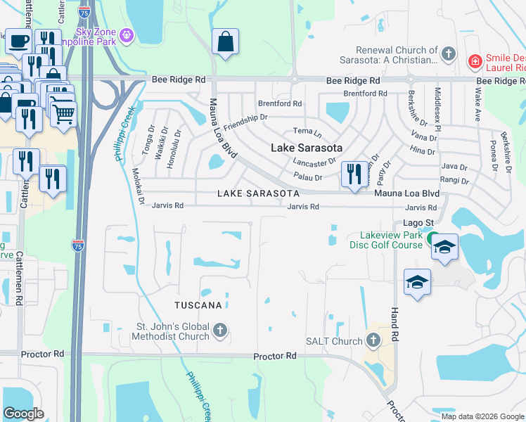 map of restaurants, bars, coffee shops, grocery stores, and more near 4451 Hackamore Road in Sarasota
