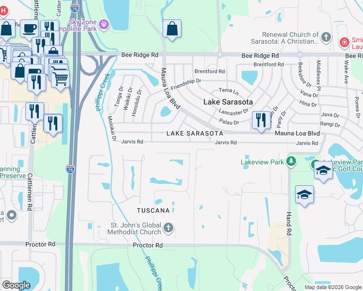 map of restaurants, bars, coffee shops, grocery stores, and more near 4551 Tuscana Drive in Sarasota