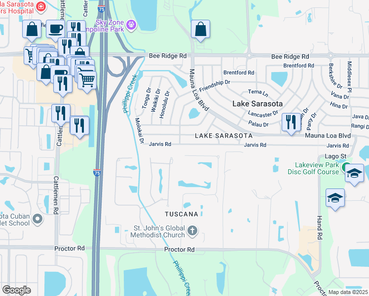 map of restaurants, bars, coffee shops, grocery stores, and more near 4511 Tuscana Drive in Sarasota