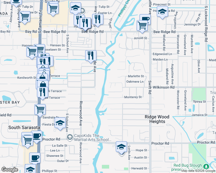 map of restaurants, bars, coffee shops, grocery stores, and more near 4470 Lords Drive in Sarasota
