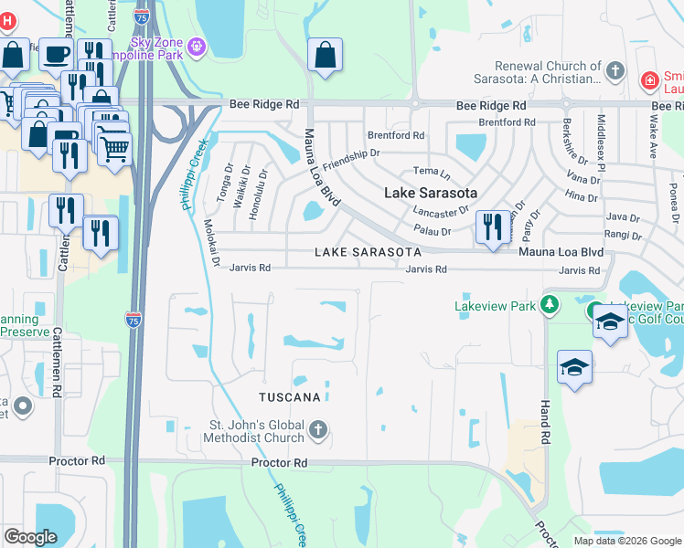 map of restaurants, bars, coffee shops, grocery stores, and more near 4551 Tuscana Drive in Sarasota