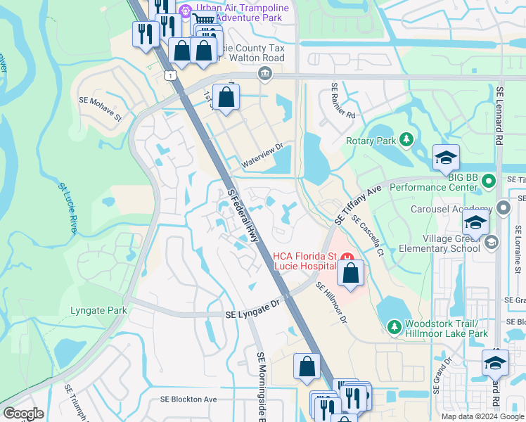 map of restaurants, bars, coffee shops, grocery stores, and more near 1528 Southeast Royal Green Circle in Port St. Lucie