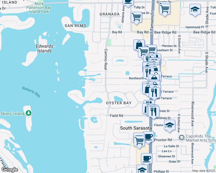 map of restaurants, bars, coffee shops, grocery stores, and more near 1429 North Lake Shore Drive in Sarasota